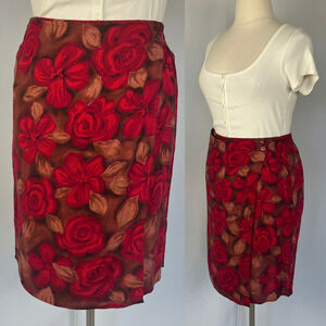 Vintage Faux Wrap Skirt Size Large Red Rose Floral Knee Length Romantic 90s Y2K